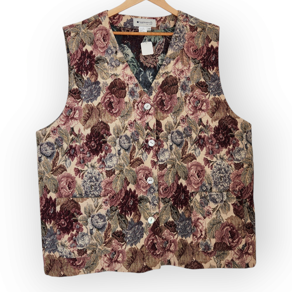 Vintage Appleseeds Floral Tapestry Button Down Sleeveless Vest 3X